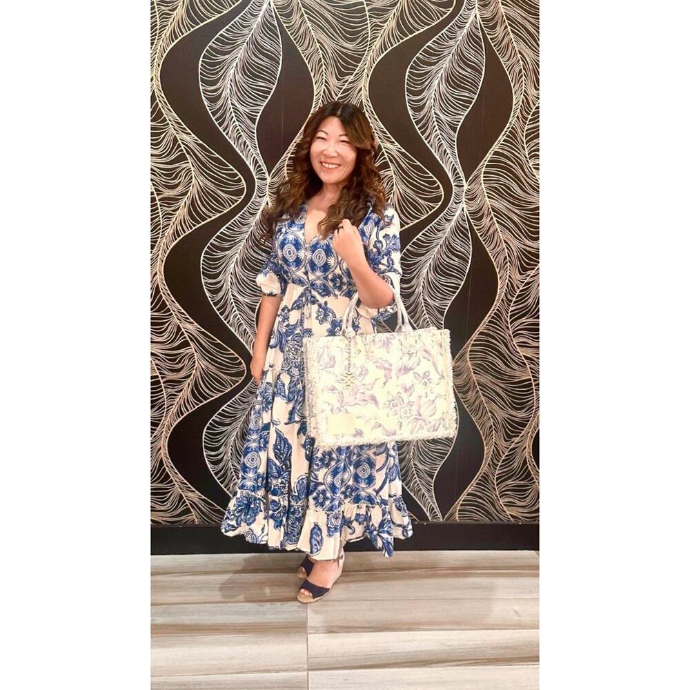 SANDRO Women's Blue Floral Print Magnetic Closure Frayed Edges Kasbah Tote Bag - Picture 15 of 16